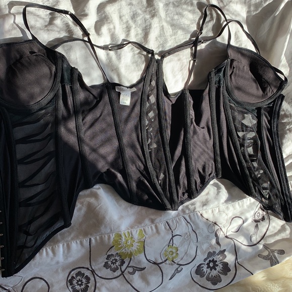 Vintage 90's black padded underwire lace up boned push up corset bustier top L - Picture 13 of 15